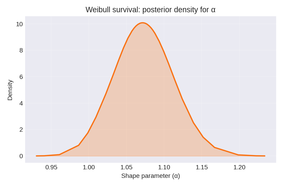 Posterior density for the shape parameter alpha