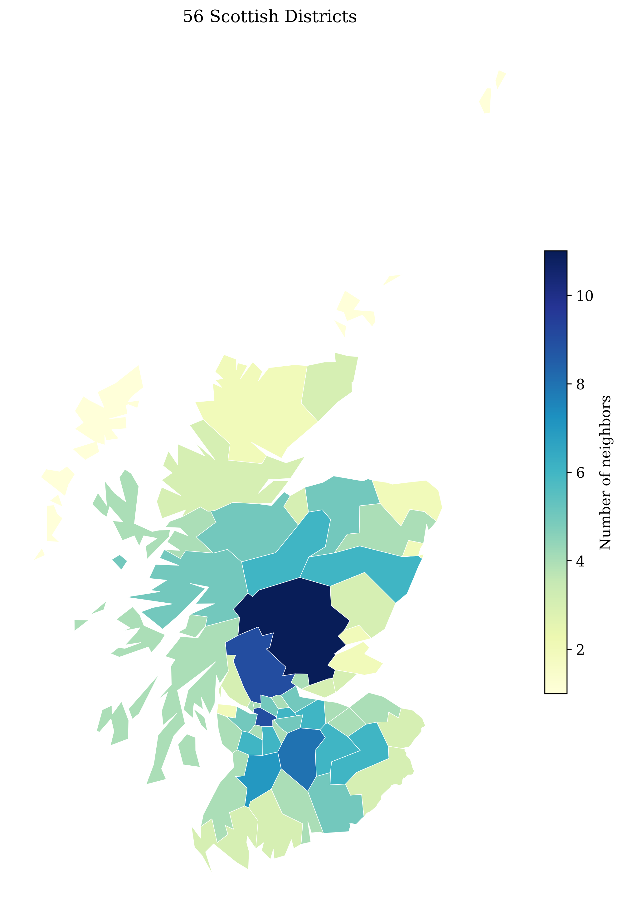 Map of 56 Scottish districts colored by number of neighbors