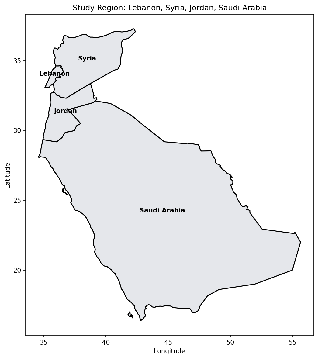 Study region map showing Lebanon, Syria, Jordan, and Saudi Arabia