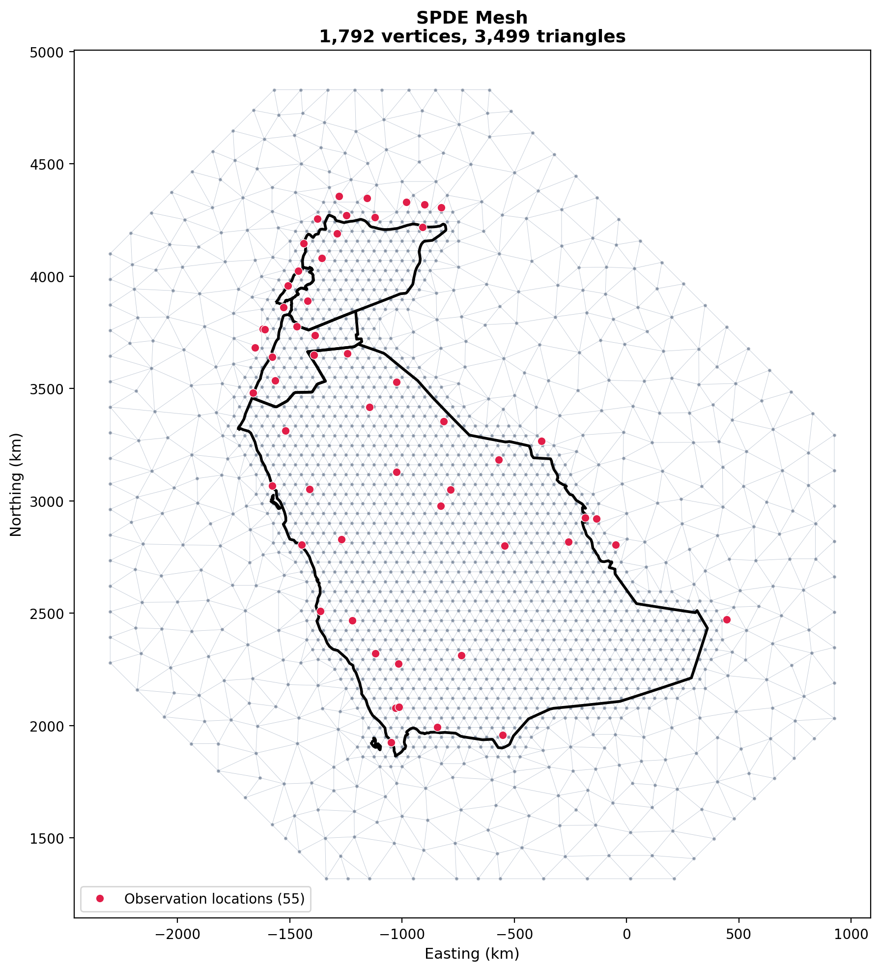 Triangular mesh for SPDE spatial modeling