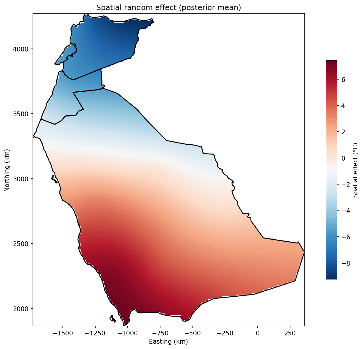 Spatial random effect showing temperature anomalies