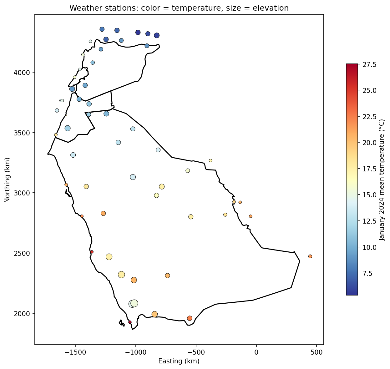 Weather stations colored by temperature with size by elevation